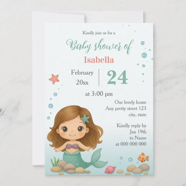 Sencilla y linda invitación de cumpleaños de siren (Anverso)