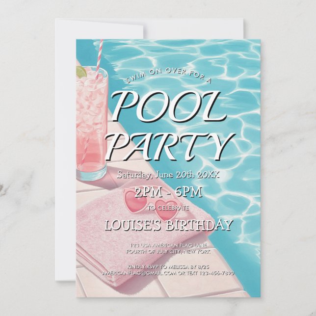 Sencilla y rosa Invitación a Fiesta de Piscina (Anverso)