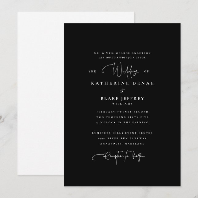 Sencillamente elegante invitación de boda B/N Padr (Anverso / Reverso)