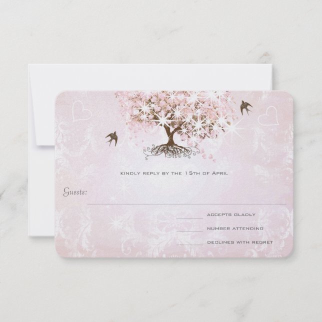 Sencillamente Pink Heart Leaf Tree Wedding RSVP (Anverso)