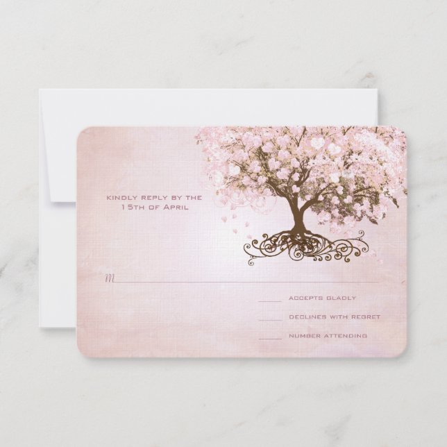 Sencillamente Pink Heart Leaf Tree Wedding RSVP (Anverso)