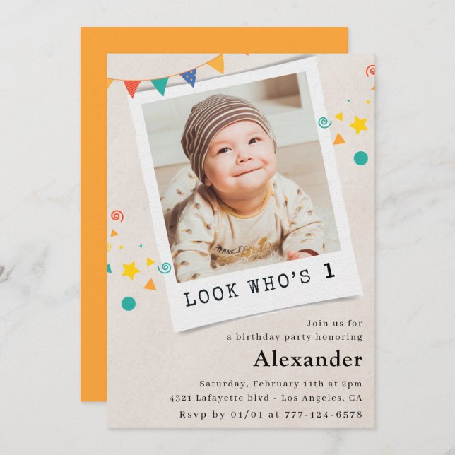 Sencillas invitaciones de 1º cumpleaños Boy Photo (Anverso / Reverso)