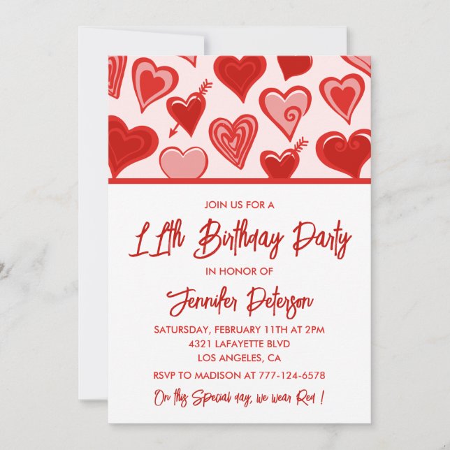 Sencillas invitaciones de 11 años para sus corazon (Anverso)