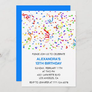 Sencillas invitaciones de 13 años Confetti Rainbow