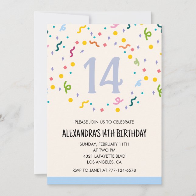 Sencillas invitaciones de 14 años Confetti Modern (Anverso)