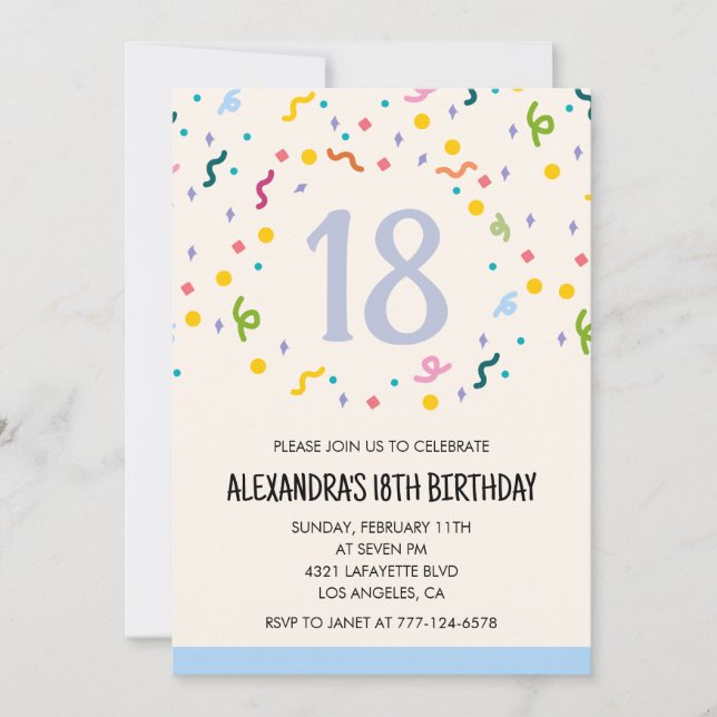 Sencillas invitaciones de 18 años Confetti Modern (Anverso)