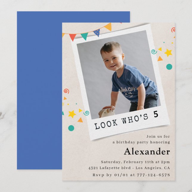 Sencillas invitaciones de 5 años Fotografía azul (Anverso / Reverso)