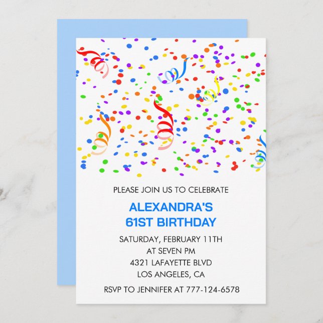 Sencillas invitaciones de cumpleaños 61 Confetti R (Anverso / Reverso)