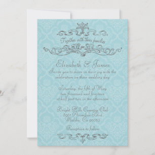 Sencillas invitaciones de matrimonio Blue Damask d