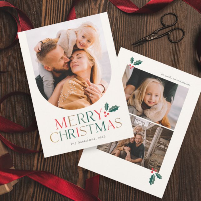 Sencillo arco fotográfico colorido Feliz Navidad (2- Sided Simple Modern Colorful Merry Christmas Arch Photo Holiday Card.)
