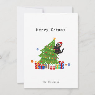 Sencillo Gato Negro Y Árbol De Navidad