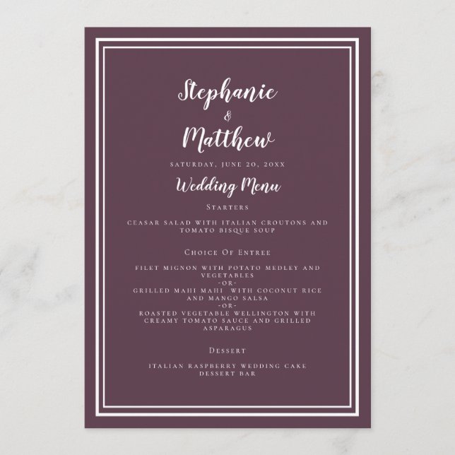 Sencillo menú Boda púrpura clásico con marco (Anverso)
