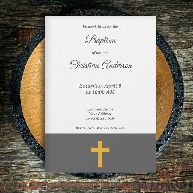 Sencillo, negro con una invitación al bautismo cru (Black with a Gold Cross Baptism Invitation)
