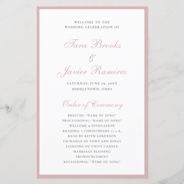 Sencillo Programa de Boda Formal Elegante Rosa Pol (Anverso)