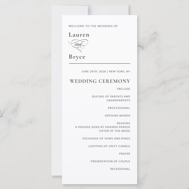 Sencillo Programa Minimal Elegante de Boda Blanca (Anverso)