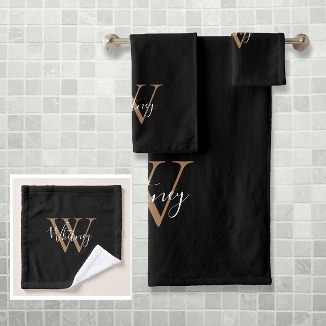 Sencillo y elegante guión Monograma negro y oro (Simple Elegant Script Monogram Black and Gold Bath Towel Set)