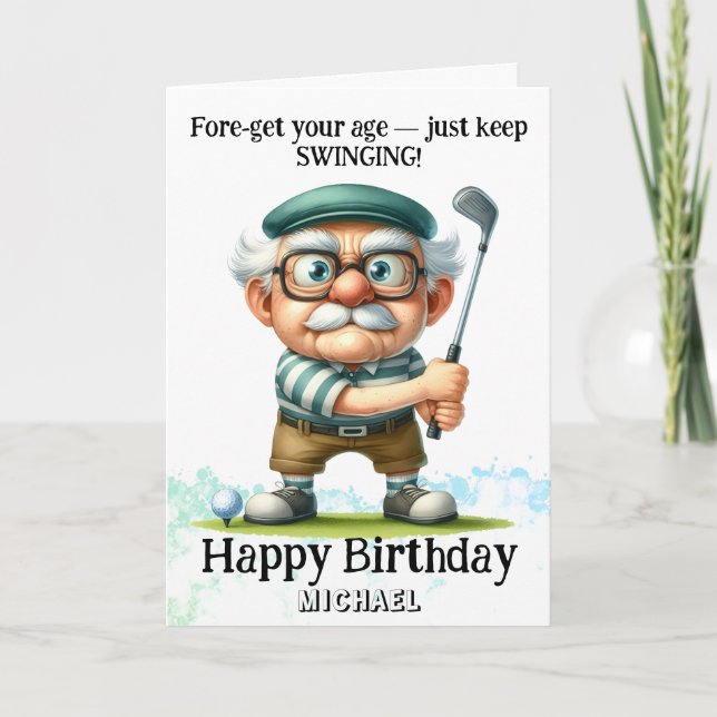 *~* Senior Man Golf Swinging tarjeta de cumpleaños (Anverso)