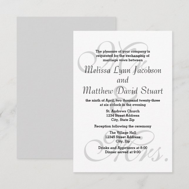 Señor y Señora - Invitación de Boda y Recepción 3x (Anverso / Reverso)