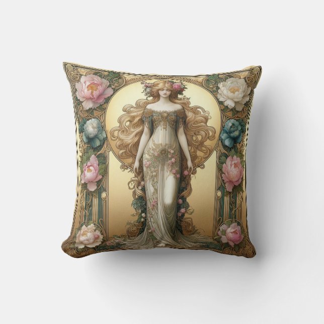 Señora de Art Nouveau con Cojín decorativo Peonies (Anverso)