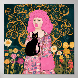 Señora de chicle rosa con arte de gato de Gustav K