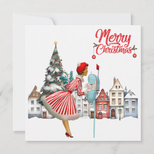 Señora de la Vintage de 1950, con saludos navideño