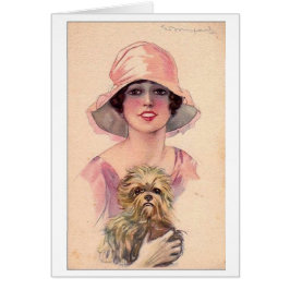 Señora de la Vintage en rosa con perro,