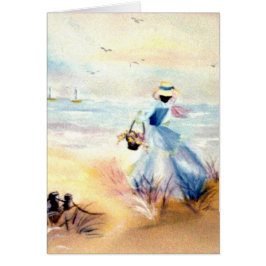 Señora en azul en la pintura de la playa