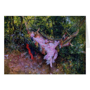 Señora en una hamaca en vestido rosado