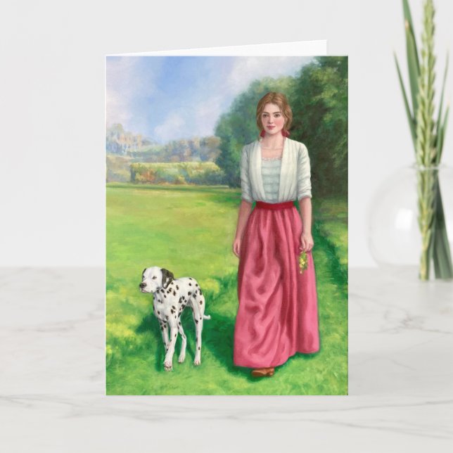 "Señora Paseando con Dálmata." Tarjeta de Felicita (Anverso)