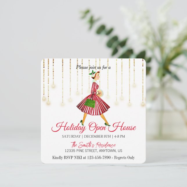 Señora retro Tarjeta de Navidad del árbol de Navid (Anverso de pie)