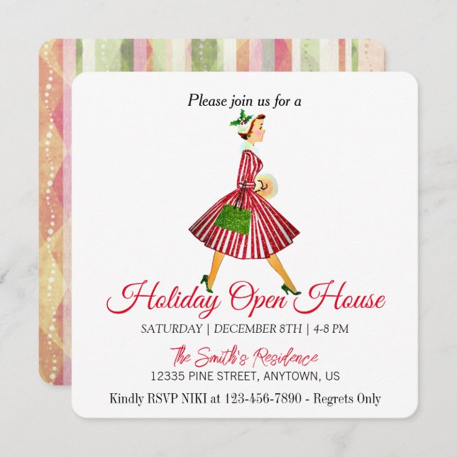 Señora retro Tarjeta de Navidad del árbol de Navid (Anverso / Reverso)