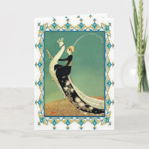 Señora y la tarjeta de felicitación del pájaro