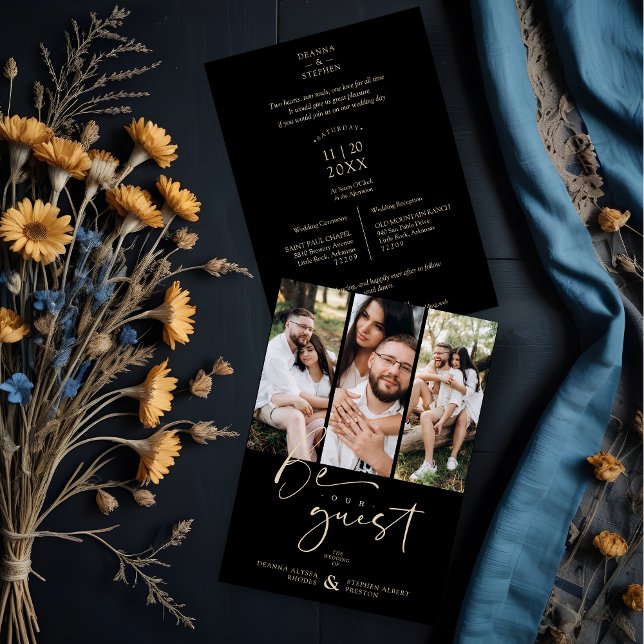 Ser nuestro Boda de compilación de guiones de pres (Be our Guest Quote Script Collage 3 Photos Black Trendy Wedding Invitation with Envelope.)