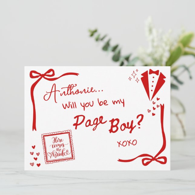 ¿Serás mi tarjeta de invitación de paje? (Anverso de pie)
