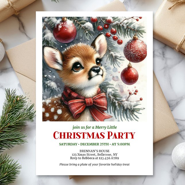 Serena invitación de Navidad en acuarela de cervat (Serene baby deer watercolor Christmas invitation printable card)