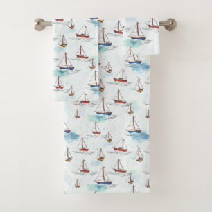 Serene Blue Red Sailing Bots on Sea Pattern