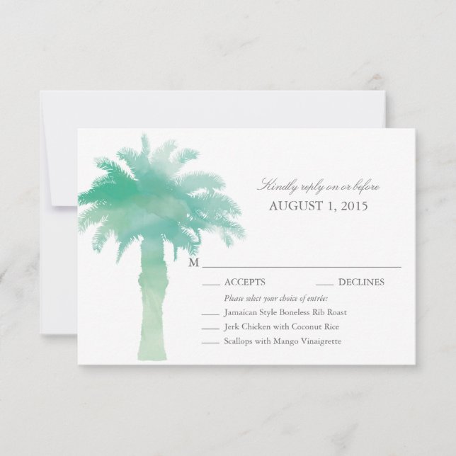 Serene Green Watercolor Palm Tree Wedding RSVP (Anverso)