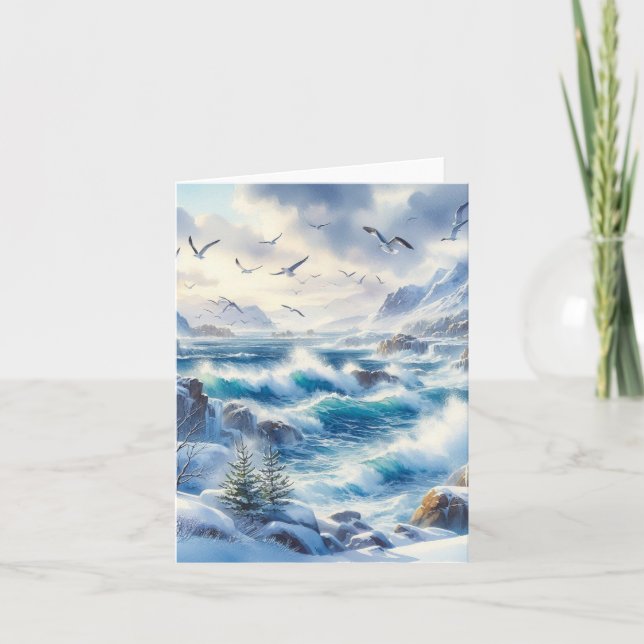 Serene Winter Watercolor Coastal Seascape Blank (Anverso)