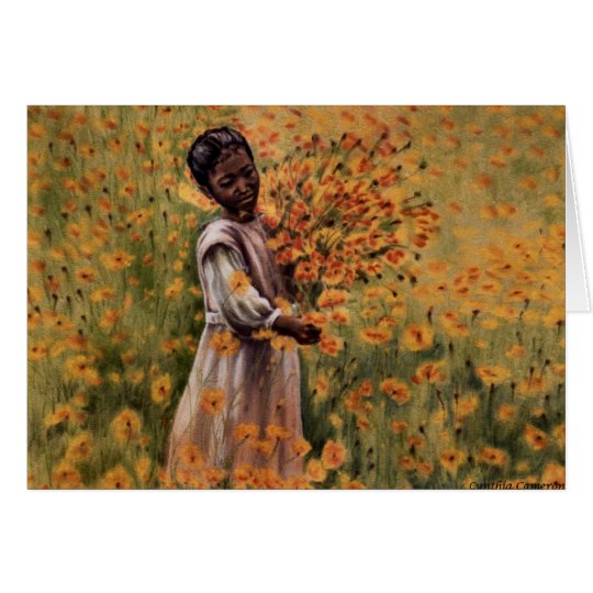 Serenidad - chica joven en el campo de flores tarjeta de felicitación