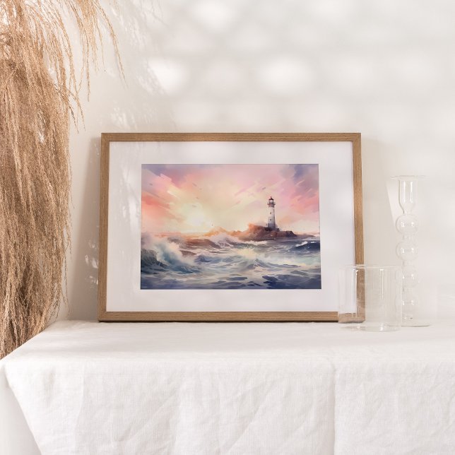 Serenidad costera: Arte acuarela de faro (Embark on a serene coastal journey with an exquisite watercolor painting.)