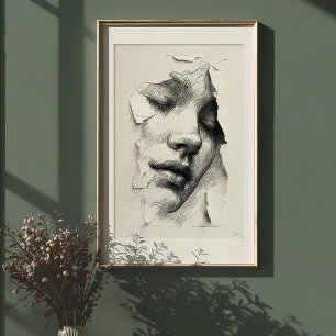 Serenidad Destrozada: Rostro de Arte de Línea Mono