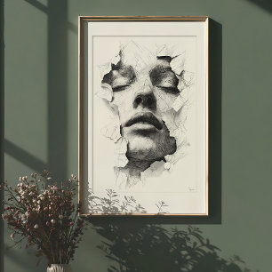 Serenidad Destrozada: Rostro de Arte de Línea Mono