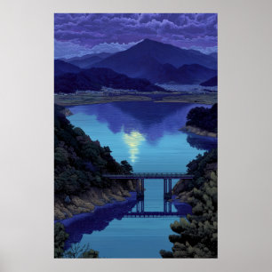 Sereno lago de montaña nocturno azul con arte de p