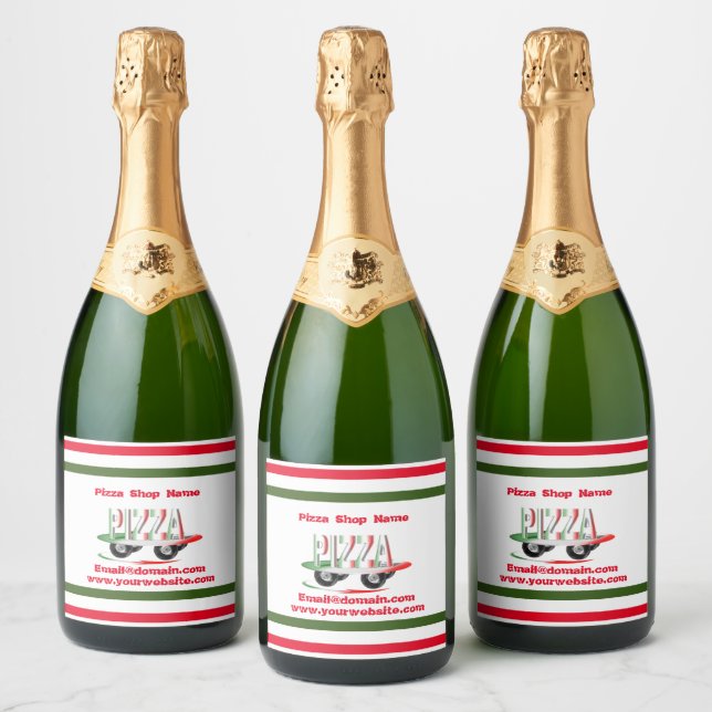 Servicio de pizza, verde rojo, etiqueta de vino pe (Botellas)