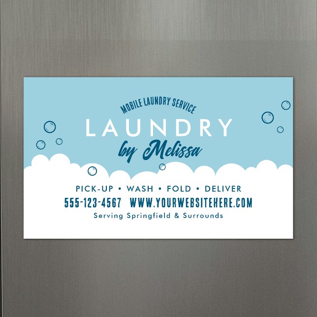 Servicio de Recogida de Ropa para Lavar Tarjeta Ma (Promotional laundry service magnetic business cards in blue and white)