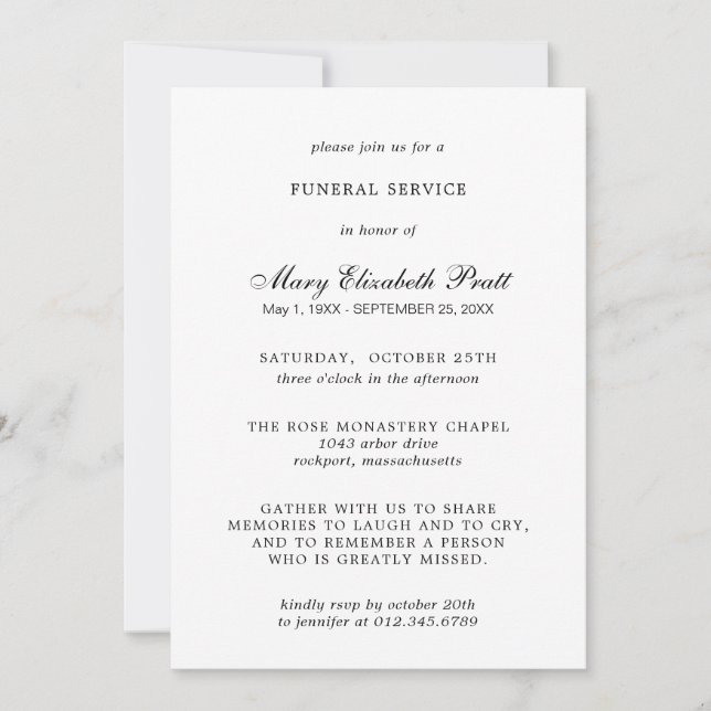 Servicio Funeral Elegante Invitación en Blanco Neg (Anverso)