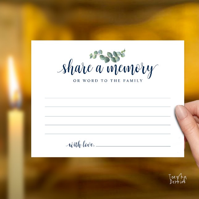 Servicio Funerario, Comparte un recuerdo, Tarjeta  (Funeral Service, Share a memory, Sympathy Card, with Eucalyptus, in Navy Blue)