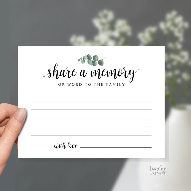 Servicio funerario, Comparte un recuerdo, Tarjeta  (Funeral Service, Share a memory, Sympathy Card, with Eucalyptus, in Black and White)