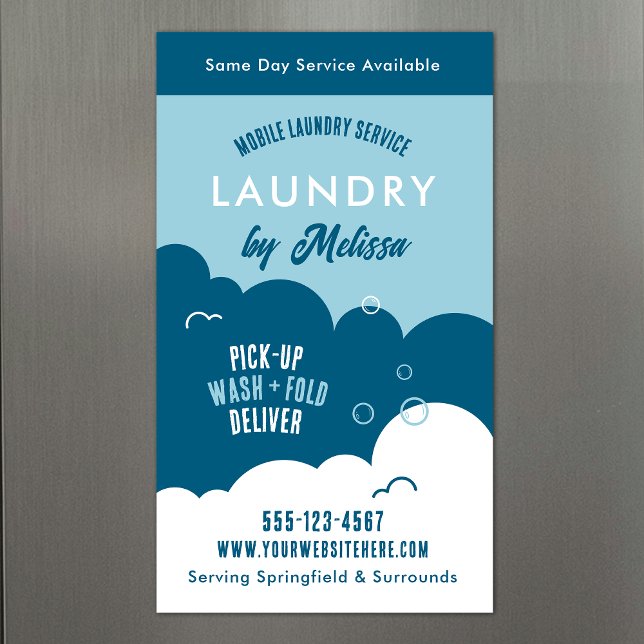 Servicio Moderno de Lavandería a Domicilio Imán Az (Modern magnetic business cards for laundry service providers)