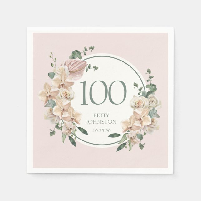 Servilleta De Papel 100.º cumpleaños Floral tropical (Anverso)